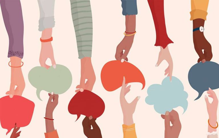 Illustration of hands of different skin colour holding shapes