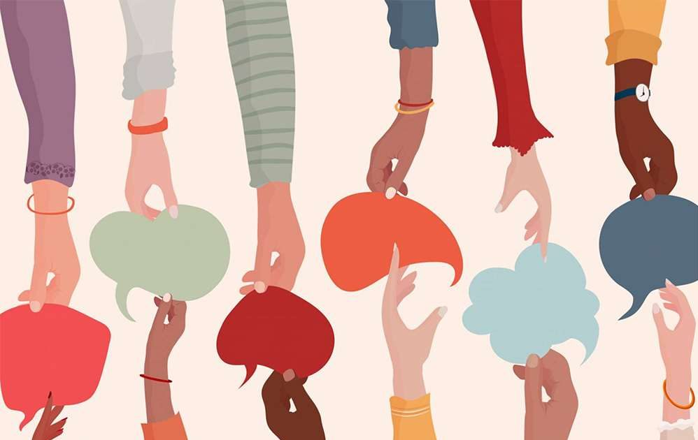 Illustration of hands of different skin colour holding shapes