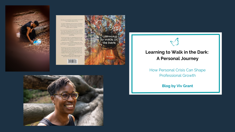 images of Viv Grant and new book cover Learning to walk in the dark