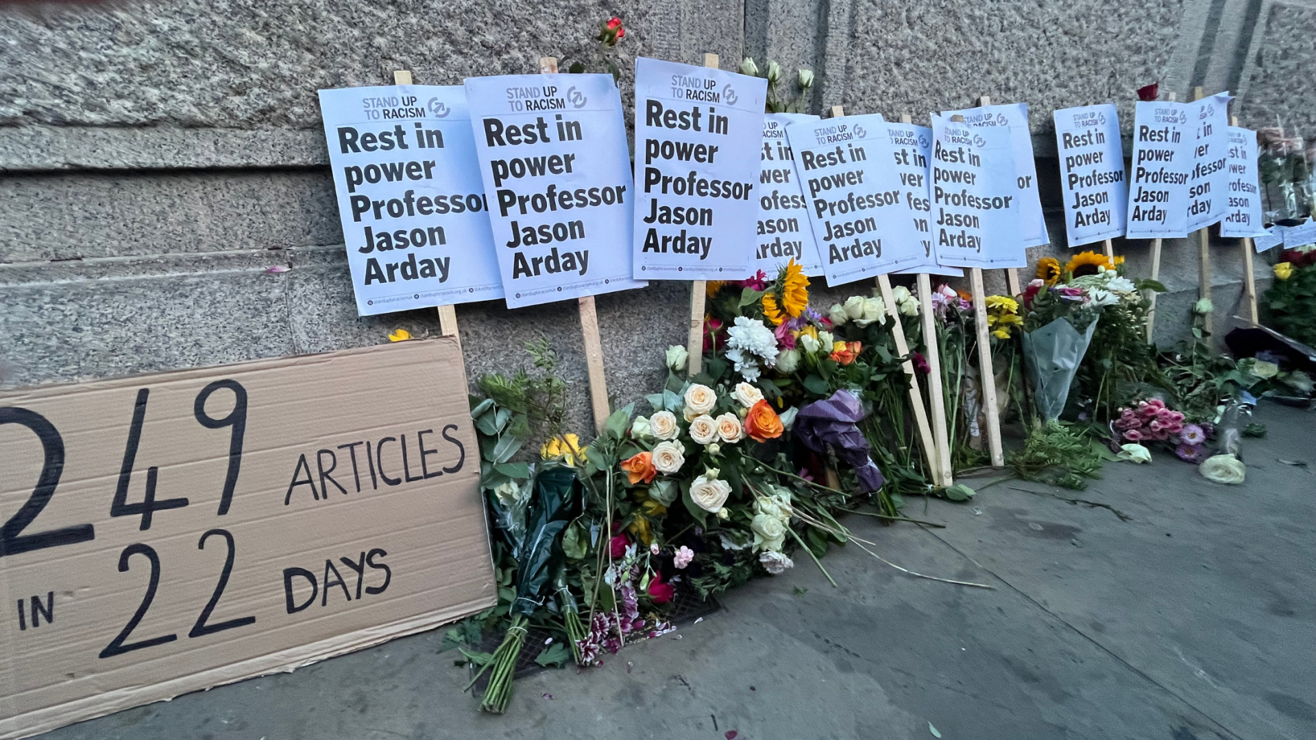 Flowers at vigil for Jason Arday